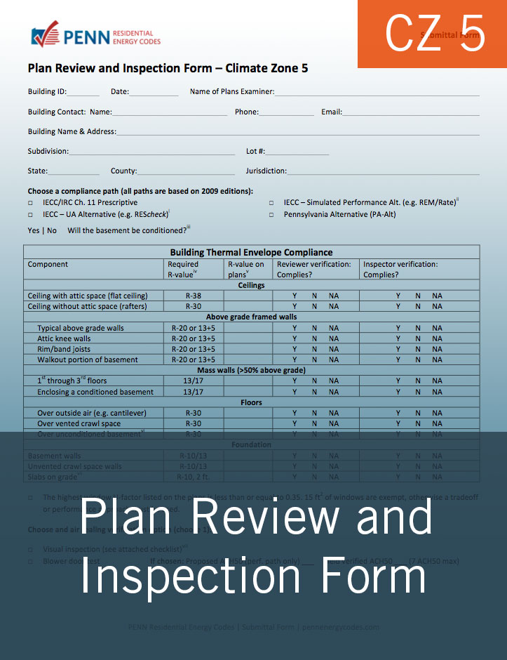Plan Review and Inspection Form CZ 5 Penn Residential Energy Codes